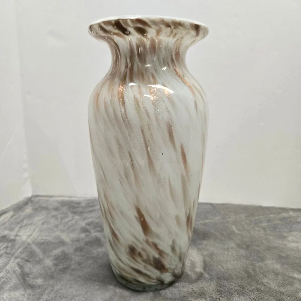 Hand Blown Glass Vase White Brown Swirl Marbled Aventurine Copper Flecks 10 inch